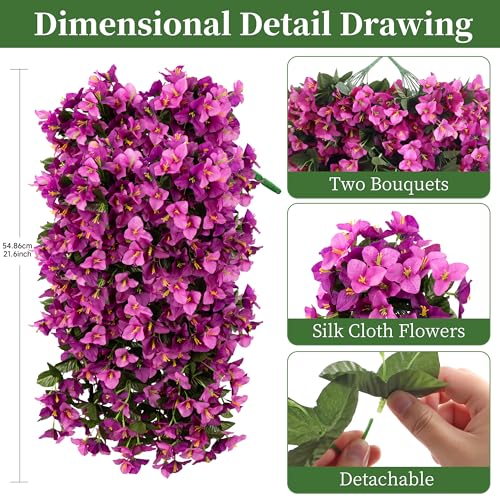Artificial Bougainvillea Hanging Flowers Plants - 2 PCS faux Bougainvillea artificial flowers with Long Trailing Vines for Outdoor Decoration, Perfect for Porch, Garden (Purple & Light Pink Mix) - color: Purple & Light Pink Mix