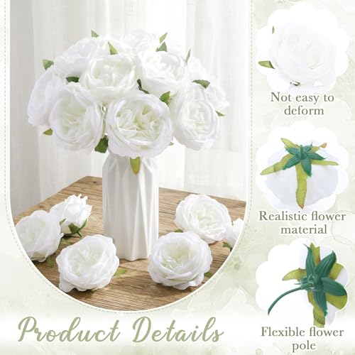 Suncalla 80 Pack Austin Rose Peonies, 3.94 Inch Artificial Flowers Heads Bulk with Stems Leaves for Arrangement Wedding Centerpiece Banquets Party Home Kitchen Decor DIY(White) - color: White