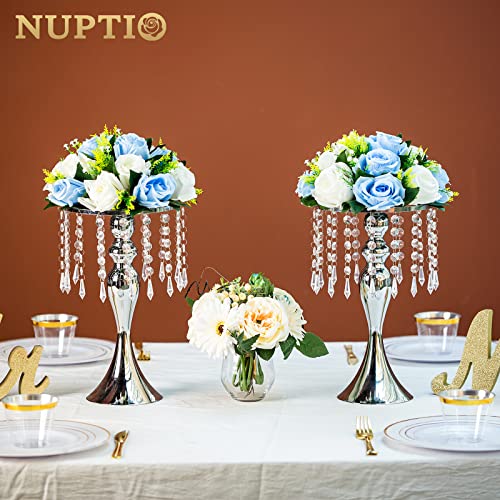 Nuptio 10 Pcs Silver Wedding Centerpieces Flower Stand, 13.8in Tall Artificial Flower Arrangements, Crystal Metal Vase Flower Holders Centerpiece for Wedding Anniversary Ceremony Party Hotel Decor - color: Silver, size: 10 x M