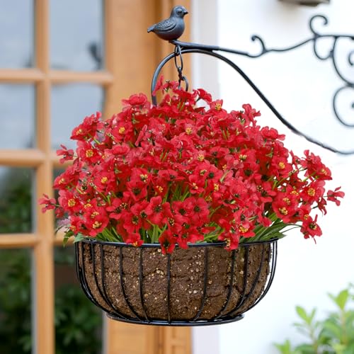 Bassion 24 Bundles Artificial Flowers for Outdoors Decoration, UV Resistant Red Silk Fake Faux Flowers Artificial Plants for Outside Window Box Porch Garden Home Decor - color: Red