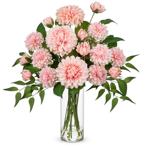 Hollyone Pink Fake Flowers in Vase Dahlia Artificial Flowers in Glass Vase with Faux Water Dahlia Silk Flower Arrangements for Bathroom Office Table Centerpiece Shelf Decorations Home Decor - color: Pink