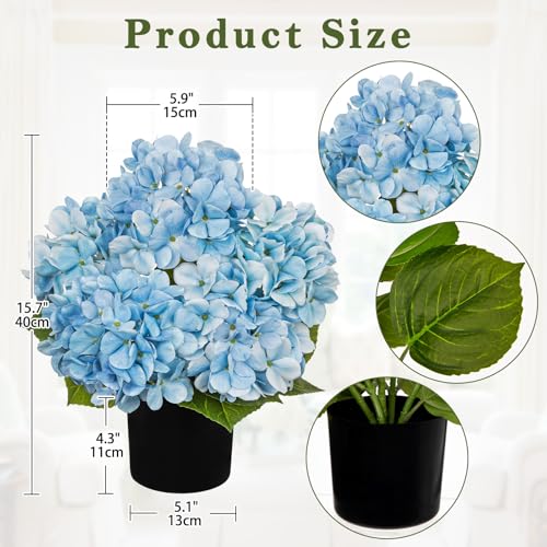 Hollyone Light Blue Hydrangea Artificial Flowers in Pots 15.7" Five-Head Faux Silk Hydranges Flower Arrangements for Indoor Home Office Kitchen Table Centerpieces Wedding Decorations - color: Light Blue, size: 5 Head Hydrangea