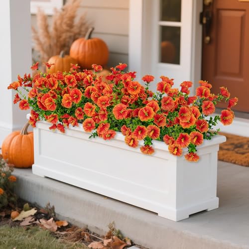 Ouddy Decor 24 Bundles Artificial Fall Flowers for Outdoors Decoration Artificial Mums Fake Silk Morning Glory Flowers Plants UV Resistant for Fall Autumn Thanksgiving Porch Garden Home Decor, Orange - color: Deep Orange