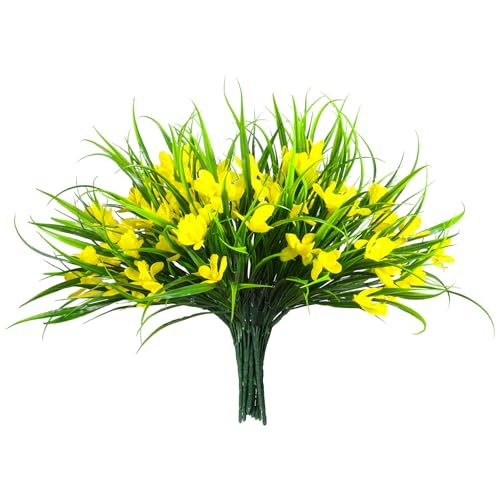 16 Bundles Artificial Plants Flowers for Outdoor Fake Monkey Grass with Flowers for Outside Planter Realistic UV Resistant Faux Plant for Garden Patio Pathway Front Porch (16, Yellow) - color: Yellow