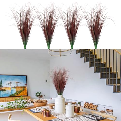 12Pcs Artificial Grass Plants, Faux Shrubs Wheat Grass, Artificial Tall Grasses Fake Plants for Outdoor Decor,Artificial Greenery Stems Weed for Room Indoor Home Decor（Red） - color: Red, size: 12Pcs