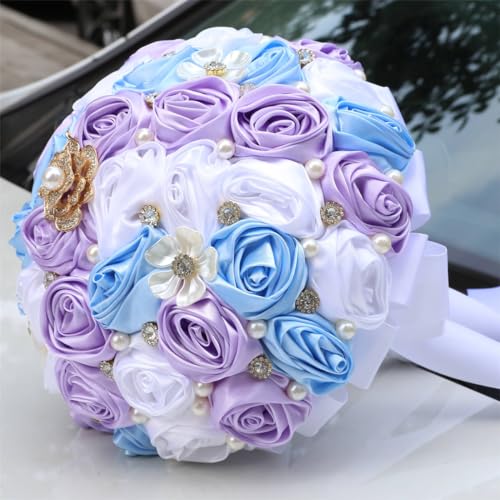MaxxCloud 5.9‘’ Handmade Romantic Toss Bouquet for Bride Stunning Bridesmaid Brooch Wedding Bouquet with Jewelry Petals Blue Lavender and Ivory - color: Blue+lavender+ivory, size: 5.9''/15cm