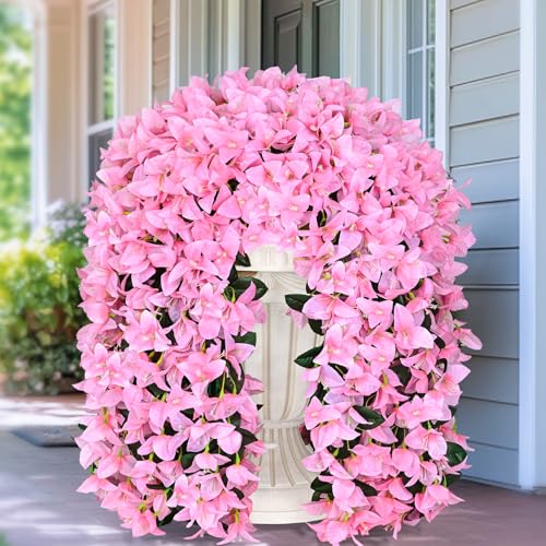 2 Pcs UV Resistant Artificial Flowers for Outdoors, Realistic Faux Silk Bougainvillea Flowers, Fake Hanging Plants for Porch Patio Balcony Decoration (Pink) - color: Pink, size: 2 Pcs