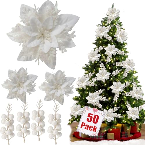 trytuny 50pcs Glitter Poinsettia Christmas Ornaments, Artificial Flowers with Clips Stems for DIY Wreath Making, Holiday Home Party Decorations, Indoor Use (White) - color: White
