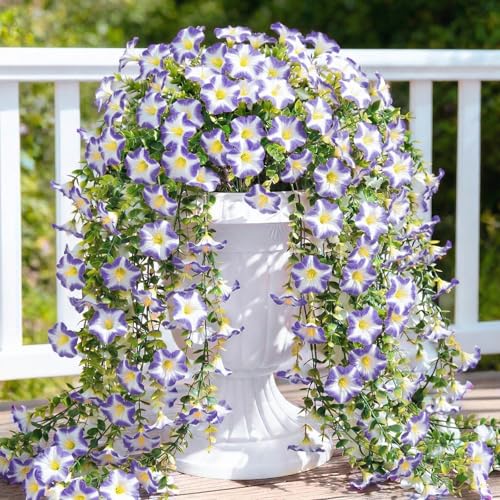 Artificial Hanging Flowers for Outdoors, 6 PCS Silk Morning Glory Artificial Flowers with Eucalyptus Leaves, UV Resistant Fake Flower Realistic Faux Plants for Home Patio Porch, Light Purple White - color: Light Purple White