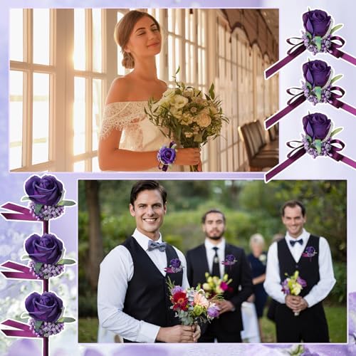 Geosar 20 Pcs Wedding Corsage and Boutonniere Set Homecoming Artificial Corsage Wristlet and Boutonniere for Men Women Bride Bridesmaid Wedding Flowers Accessories Prom Suit Decorations (Purple) - color: Purple