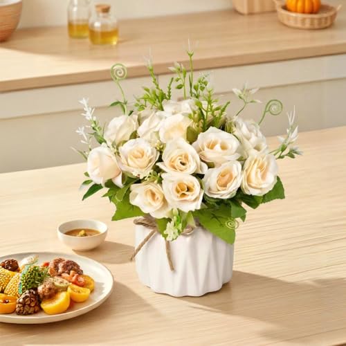 Fake Flowers with Vase,White Roses Artificial Flowers in Vase | Faux Flower Plant Arrangement,No Maintenance Faux Flower Arrangement, 6.3 Inch Realistic Table Decor for Home Office Wedding - color: White