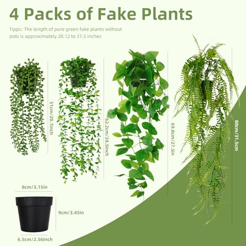Fake Plants 4 Pack Artificial Hanging Plants, Fake Potted Greenery Faux Eucalyptus, Boston Fern, String of Pearls, Pothos for Living Room Bedroom Boho Wall Shelf Indoor Outdoor Decor