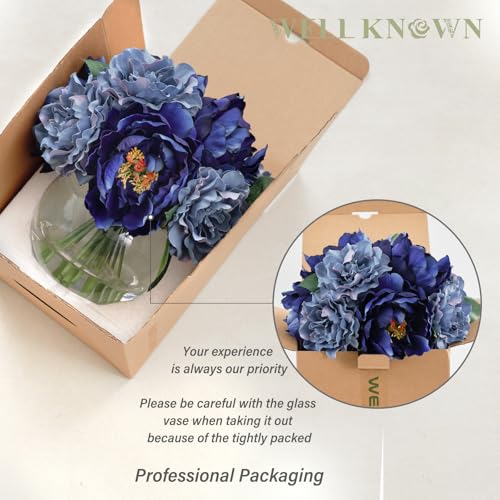 WELL KNOWN Artificial Blue Peonies Flowers in Vase with Faux Water, Silk Fake Flower Arrangements for Spring Home Dining Coffee Table Decor Wedding Party Centerpieces & Mom's Birthday Gift - color: Blue