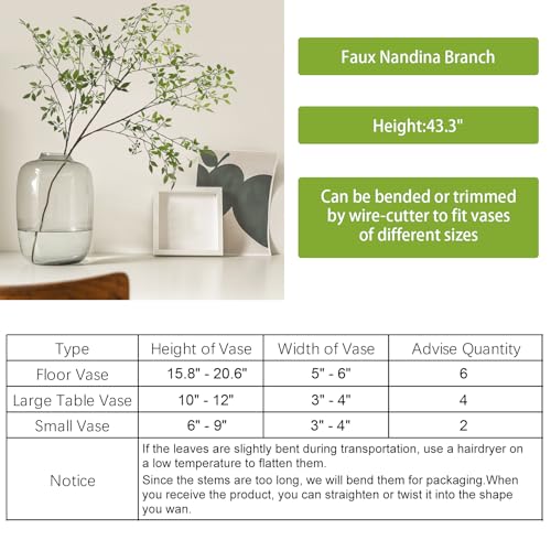 CEWOR 4pcs Artificial Plants Fake Greenery Branches for Vase, 43.3 Inch Green Nandina Long Steams for Tall Vase, Fake Plants Spring Stems for Wedding Garden Office Home Décor