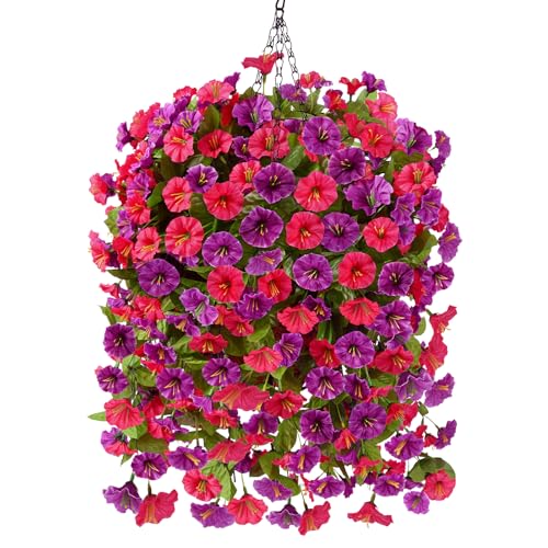 Homsunny Artificial Faux Hanging Flowers Plants Baskets for Outdoor Spring Summer Decorations,Resistant Fake Morning Glory Silk Plants for Outside UV Resistant Patio Yard Home Porch Decor(Red Purple) - color: Red Purple