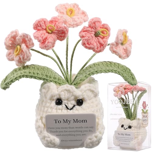 YOOJEE Crochet Forget Me Not Gift for Mom – Mothers Day Gifts from Daughter Son, Handmade Pink Flower Pot with Card “to My Mom”, Cute Desk Decor, Ready-to-Gift with Clear Box - color: E-mom-pink