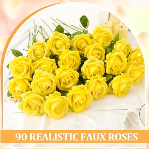 90 Pcs Yellow Velvet Rose Artificial Flowers with Long Stems, Fake Silk Roses Real Touch Fake Roses Florals for Birthday Wedding Bouquet Party Arrangement Decorations - color: Yellow