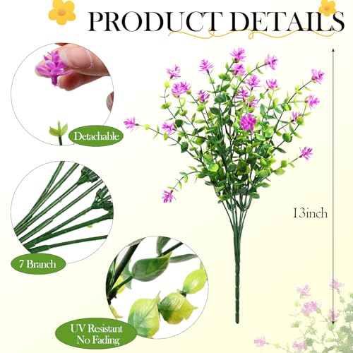 12 Pack Artificial Flowers & Plants for Outdoor Decor - Faux Eucalyptus & Lavender Greenery Shrubs - Fake Plants for Garden, Porch, Patio, Cemetery - Spring & Autumn Home Decoration - color: Rose