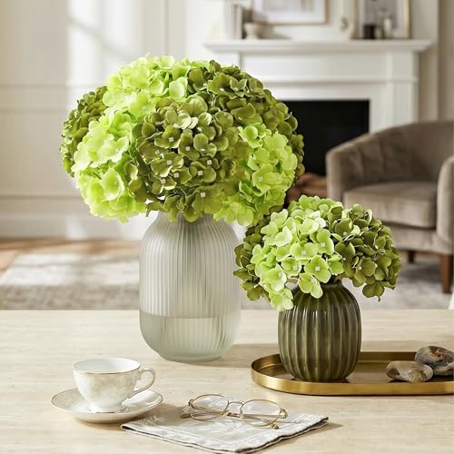 Auihiay 10Pcs Artificial Hydrangea Flowers Bulk, Realistic Faux Silk Hydrangea with Stems, Fake Flowers for Spring Garden Kitchen Counter Office Table Decor Centerpieces(Mixed Green) - color: Green