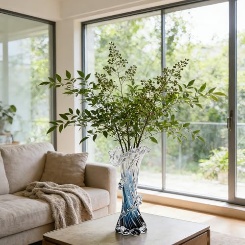 Hand Blown Blue Glass Vase, Unique Art Beautiful Ocean Glass Vase for Coastal Home Decor, Coffee Table, Living Room, Office Decor - 11.8" H(Large) - size: Large