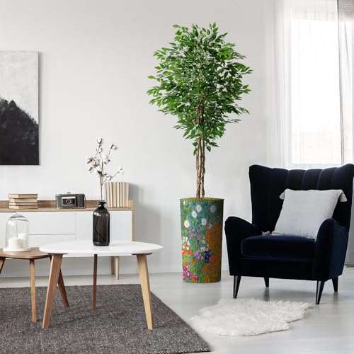 Artificial Tree in Colorful Flower Pattern Planter, Fake Ficus Silk Tree for Indoor and Outdoor Home Decoration - 75" Overall Tall (Plant Pot Plus Tree) - style: Ficus Tree
