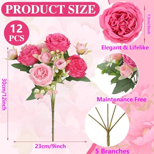 peonies artificial flowers 12 Bundles pink flowers bouquet, Lifelike Silk Fake Peonies with Stems for Home Table Centerpieces, Wedding, Party & DIY Bridal Floral Arrangements (Rose red + pink) - color: Rose Red + Pink