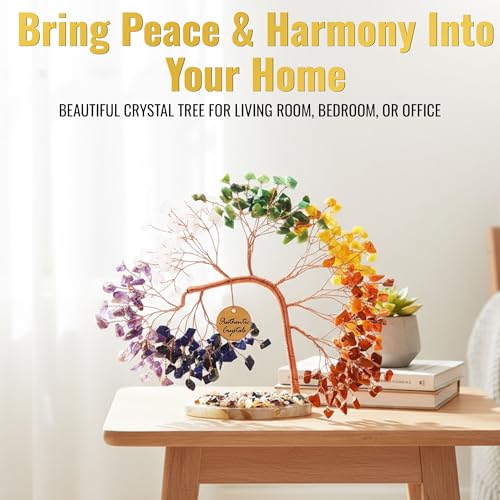 7 Chakra Tree of Life Crystal Tree | Healing Crystals & Stones | Handmade Bonsai Birthday Gift for Women, Mom, Sister & Friends | Brings Positivity, Money & Good Luck | Boho Home & Office Decor - color: N7- 7 Chakra Healing Crystal Tree Slice Base 300 Bea