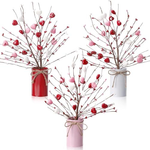 Zeyune 3 Sets Mother's Day Heart Berry Table Centerpiece, 6 Artificial Heart Berry Stems Picks with Metal Vase Pot, Fake Flower Arrangement for Wedding Reception, Mother's Day Decor - color: 3 Colors, size: Heart