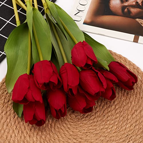 20PCS Artificial Tulips Real Touch Faux Flower Moisturizing Tulips for Photography Ornaments Home Garden Wedding Party Decor Fake Flowers (Red) - color: Red