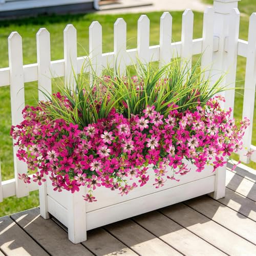 Artificial Flowers,14 Bundles UV Resistant Fake Flowers Daisy with Greenery Plants Wheat grass,Faux Outdoor Flowers for Spring Summer Decoration, Outdoor Faux Plants Home Window Porch Patio Yard - color: Light Purple