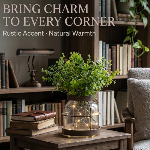 Rustic Farmhouse Table Centerpiece with Artificial Eucalyptus & Fairy Lights, Glass Vase in Metal Lantern Frame, Battery Operated Ambient Decor for Living Room & Kitchen, 13.4" Tall - color: Vase+eucalyptus+light