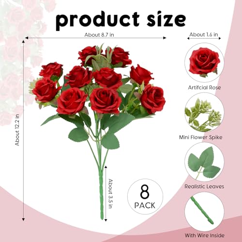 8 Pack Rose Artificial Flowers Bouquet, 10 Small Silk Rose Heads Per Pack, Fake Roses Bunches for Wedding Table Centerpieces Bridal Bouquet Mother's Day Valentine's Day Home Decor, Red - color: Red