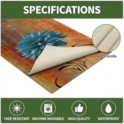 OYIMUA Soft Thick Chenille Rust and Blue Table Runner 90 Inches Long Vintage Abstract Painting Flowers Spring Summer Rustic Dining Table Decorations for Home Indoor Outdoor - size: 13" x 90", Table Runner, style: Rust