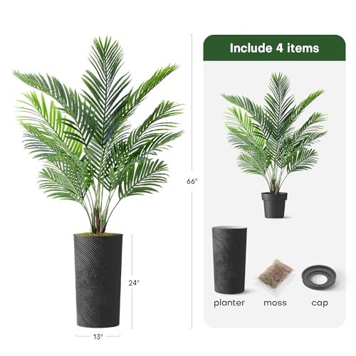 Artificial Tree in Geometric Spiral Pattern Planter, Fake Areca Tropical Palm Silk Tree for Indoor and Outdoor Home Decoration - 66" Overall Tall (Plant Pot Plus Tree) - style: Areca Palm Tree