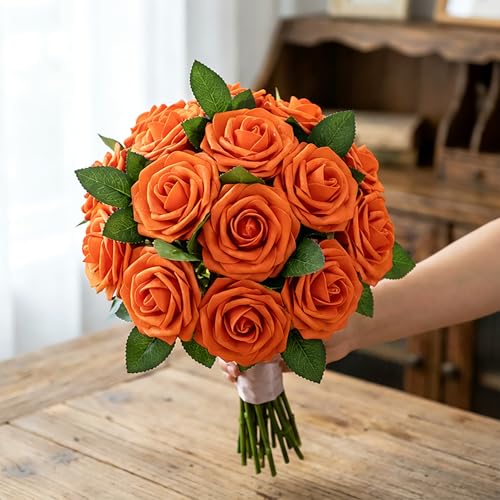 30pcs Real Looking Orange Foam Artificial Roses with Stems, Fake Rose Flowers for DIY Wedding Bouquets Bridal Shower Centerpieces Home Party Tables Valentine's Day Mother's Day Decor Gift - color: 30pcs Orange