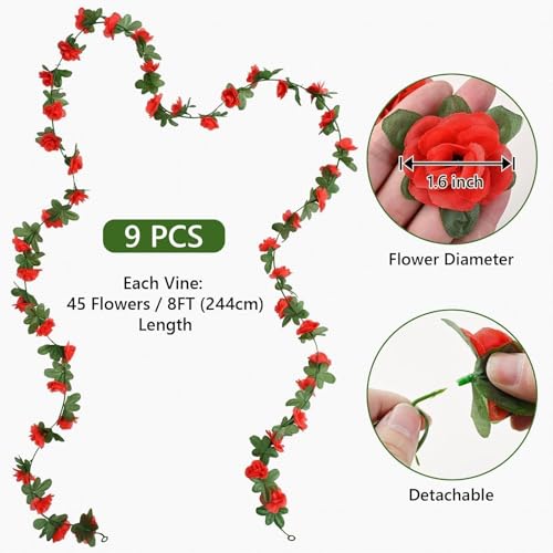 Sherika 9 Pcs 72FT Artificial Flower Garland, Fake Red Roses Vines Hanging Silk Flowers Faux Floral Garland for Wedding Arch Room Wall Backdrop Bedroom Centerpieces Mothers Day Decorations - color: Red