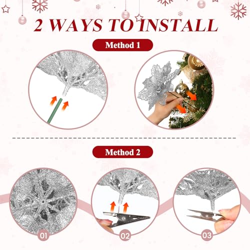 Alupssuc 24 PCS 3 Styles 6'' Poinsettia Christmas Flowers Artificial, Glitter Artificial Flower, Christmas Decorations for Xmas Tree Party Wreath Fireplace, New Year Ornaments, Red - color: Red