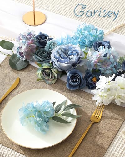 Garisey Artificial Flowers Combo Box Set Dusty Blue Flowers for DIY Wedding Bouquet Arrangements Bridal Shower Party Home Decorations(White Blue Rose) - color: White Blue Rose