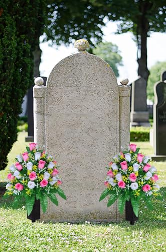LVXINLI Artificial Cemetery Flowers, Gravesite Decoration Roses, Memorial Bouquets with Cemetery Vase, Vibrant and Long-Lasting Colors (Pink+White, 2 Bundles) - color: Pink+white