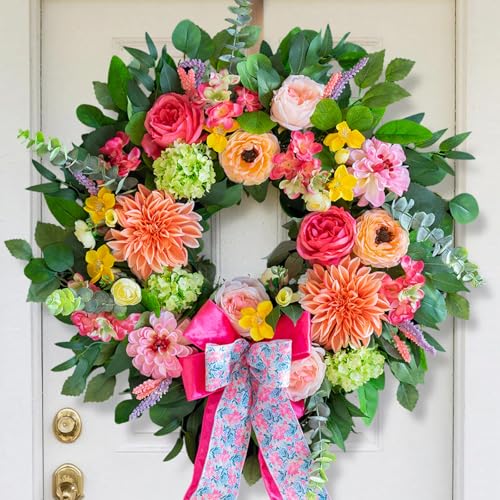 Spring Wreaths for Front Door 24 Inch Outdoor Spring Wreath with Pink Bow– Handmade Peach Dahlia & Garden Rose Summer Wreaths for Front Door,Farmhouse Home,Porch,Wall,Window Decor - color: Dahlia