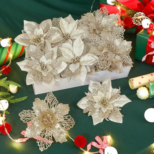 Alupssuc 24 PCS 3 Styles 6'' Poinsettia Christmas Flowers Artificial, Glitter Artificial Flower, Christmas Decorations for Xmas Tree Party Wreath Fireplace, New Year Ornaments, Champagne Gold - color: Champagne Gold