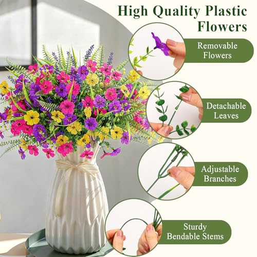 Alupssuc 24 Bundles Artificial Flowers for Outdoors Planters Spring Decoration, UV Resistant Faux Eucalyptus Violet and Lavender Silk Fake Plants for Outside Indoor Yard Home Patio Decor, Mix 3 Colors - color: Yellow Rose Purple