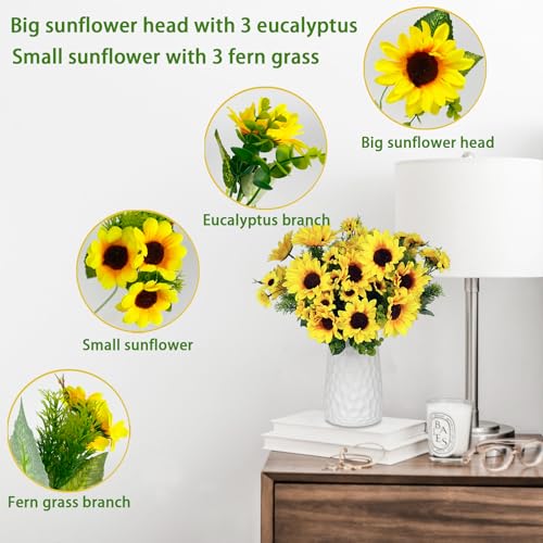 Lifelike Artificial Sunflower Bouquets, 15” Tall Silk Fake Sunflowers for Wedding Centerpieces, Home Decor, DIY Garden Craft Arrangements (2 Pack)