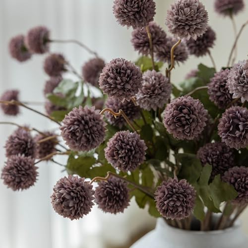 mizii 6Pcs Fake Silk Pompon Mum Artificial Flowers Bulk Small Faux Chrysanthemums with Stems Realistic Floral Decorations for Wedding DIY Bouquet Centerpieces Shower Vase Home Decor (Gray Purple) - color: Gray Purple