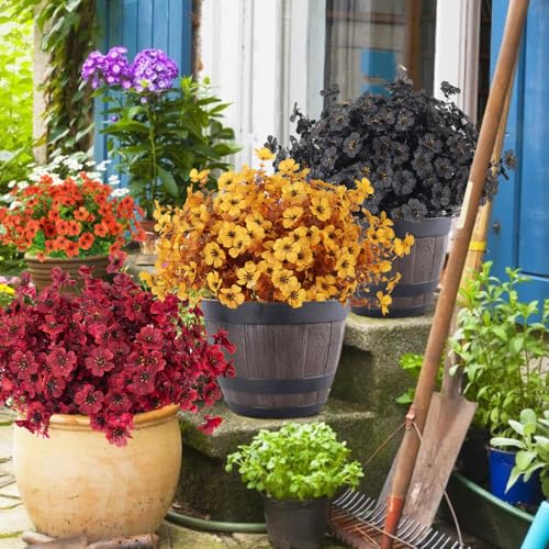 RECUTMS 12Pcs Realistic Artificial Plants Artificial Mums Fall Flowers Fake Fall Plant UV Resistant Fake Flowers Realistic Eucalyptus Leaves Silk Mums Faux Autumn Plant for Home Decor(Wine Red) - color: Eviolet Wine Red