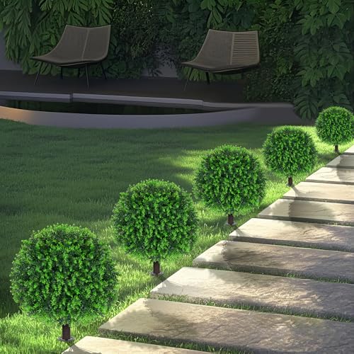 Grooy Artificial Topiary Tree with Eucalyptus, Set of 2 Artificial Shrub Bushes with Ground Spike, Fake Evergreen Tree for Porch, Artificial Plants for Outdoor Planters Indoor UV Resistant - color: Green Eucalyptus