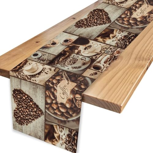 Coffee Time Table Runner, Rustic Coffee Theme Cafe Cup Latte Cappuccino Tea Bean Drinks Vintage Table Center Decor for Family Kitchen Farmhouse Holiday Party Table Decorations,, 13"x36" - color: Coffee-11, size: 13“ X 36"