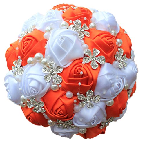 S_SSOY Wedding Bouquet Bride Bridal Brooch Bouquets Bridesmaid Bouquet Diamond Pearl Ribbon Valentine's Day Confession Party Church with Free Corsage Flower, Orange+White - color: Orange+white