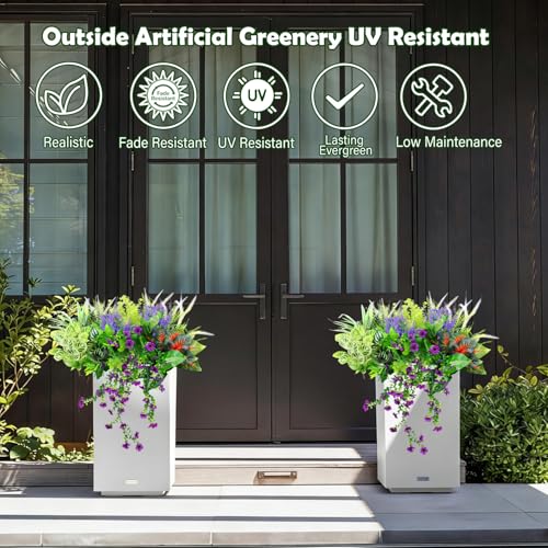 Artificial Plants Outdoor UV Resistant, 14 Bundles Faux Greenery for Outdoors, Fake Plants for Outdoor Planters, Planter Fillers for Front Porch, Window Boxes, Patio & Garden Decor - color: Green 801