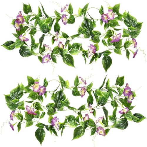 Artificial Morning Glory Hanging Vines Plants, Fake Silk Garland Flower Faux Ivy Lifelike Greenery Vine Plant for Home Garden Wall Fence Indoor Outdoor Wedding Birthday Decoration Fuchsia 2 Pack - color: Morning Glory Vines - Fuchsia 2 Pcs